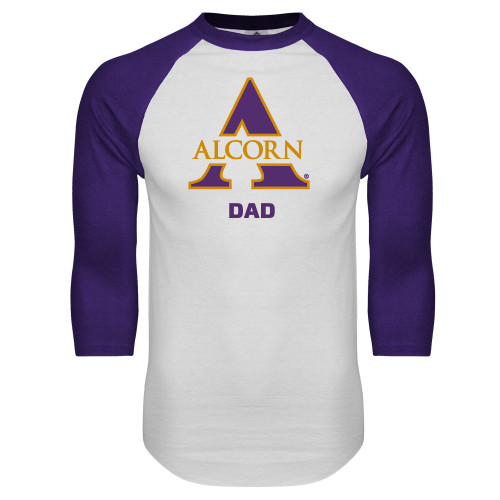  White/Purple Raglan Baseball T Shirt - Alcorn Dad