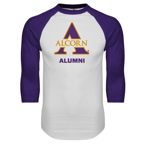  White/Purple Raglan Baseball T Shirt - Alcorn Alumni