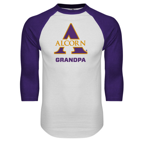  White/Purple Raglan Baseball T Shirt - Alcorn Grandpa