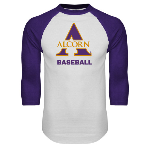  White/Purple Raglan Baseball T Shirt - Alcorn Baseball
