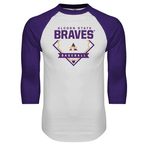  White/Purple Raglan Baseball T Shirt - Alcorn State Baseball