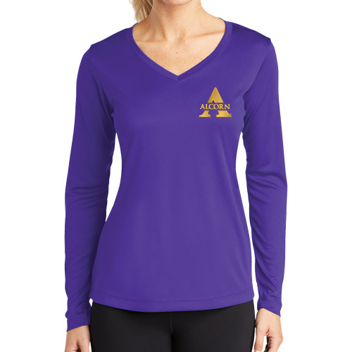  Womens Purple Performance Long Sleeve V Neck Shirt - Alcorn A