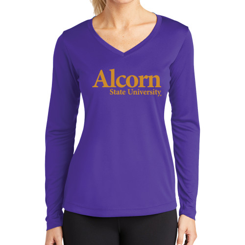  Womens Purple Performance Long Sleeve V Neck Shirt - Alcorn State University