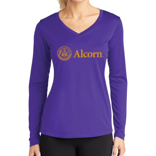  Womens Purple Performance Long Sleeve V Neck Shirt - Alcorn