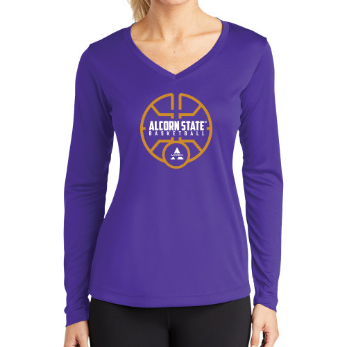  Womens Purple Performance Long Sleeve V Neck Shirt - Alcorn State Basketball