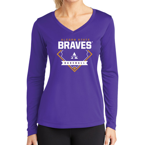  Womens Purple Performance Long Sleeve V Neck Shirt - Alcorn State Baseball
