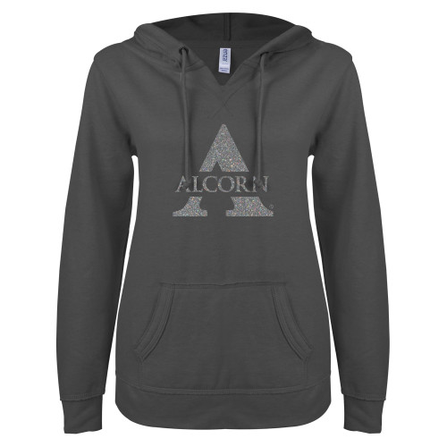  ENZA Womens Dark Heather V Notch Raw Edge Fleece Hoodie - Alcorn A Glitter Silver Soft Glitter