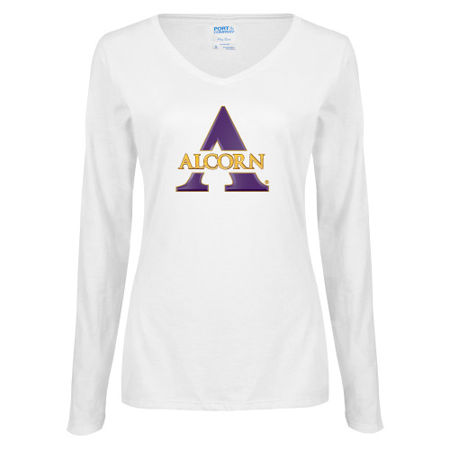  Womens White Long Sleeve V Neck Tee - Alcorn A