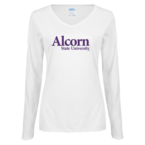  Womens White Long Sleeve V Neck Tee - Alcorn State University