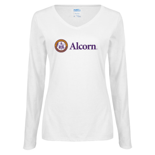  Womens White Long Sleeve V Neck Tee - Alcorn