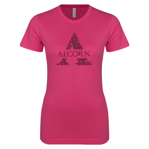  Next Level Womens Fuchsia Boyfriend Tee - Alcorn A Glitter Hot Pink Glitter