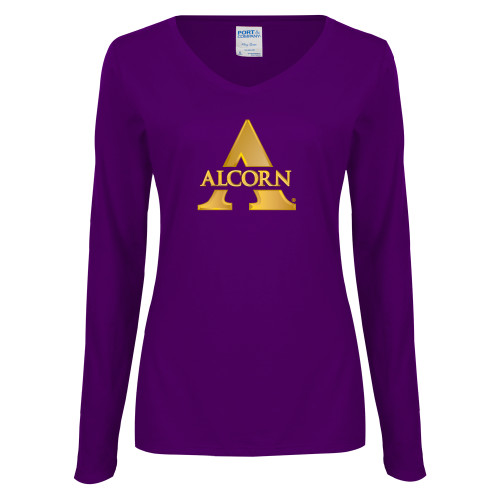  Womens Purple Long Sleeve V Neck Tee  - Alcorn A