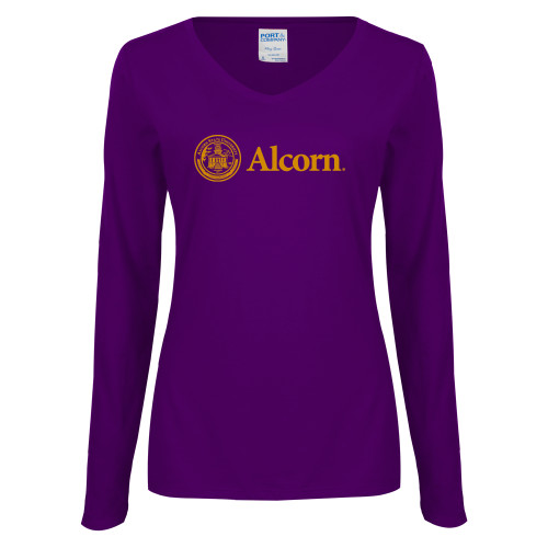  Womens Purple Long Sleeve V Neck Tee  - Alcorn