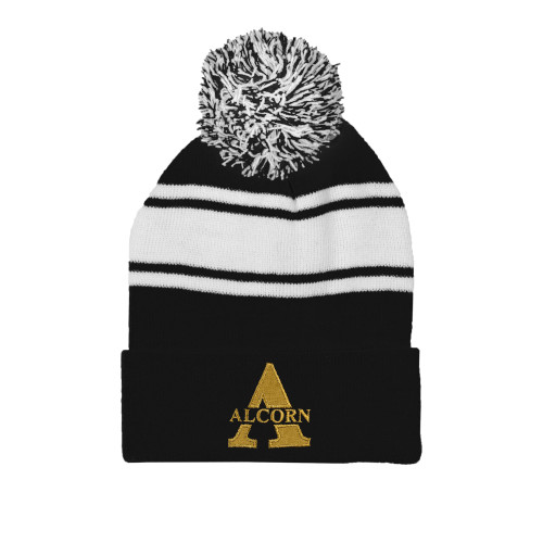  Black/White Two Tone Knit Pom Beanie w/Cuff - Alcorn A