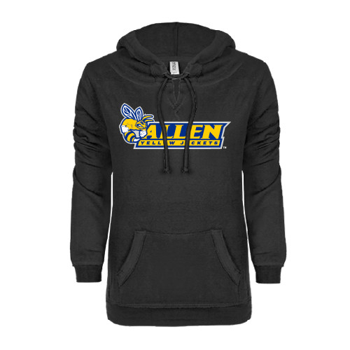  ENZA Womens Black V Notch Raw Edge Fleece Hoodie - Official Logo