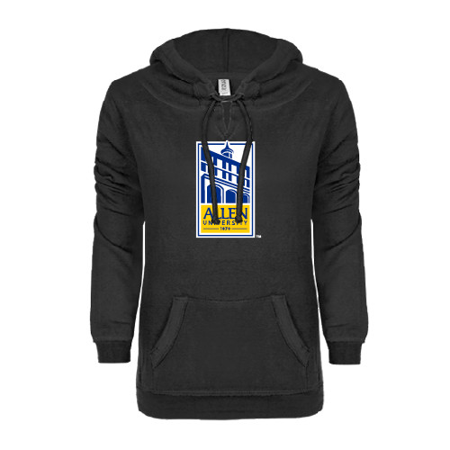  ENZA Womens Black V Notch Raw Edge Fleece Hoodie - Edu Mark