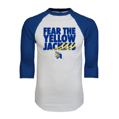  White/Royal Raglan Baseball T Shirt - Fear the Yellow Jackets