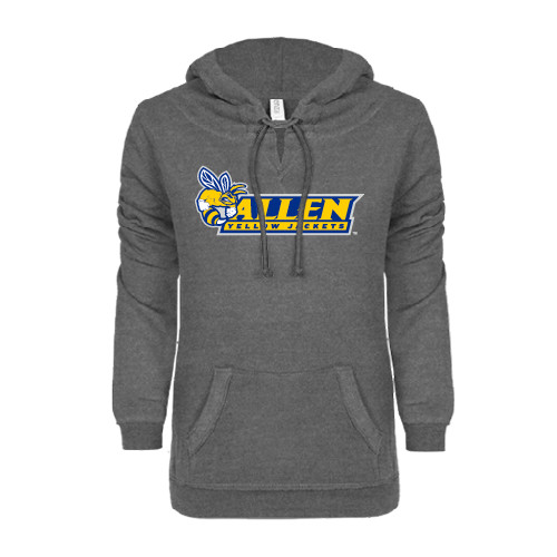  ENZA Womens Dark Heather V Notch Raw Edge Fleece Hoodie - Official Logo