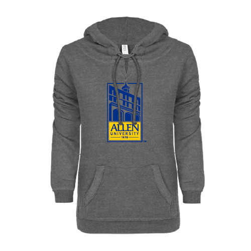  ENZA Womens Dark Heather V Notch Raw Edge Fleece Hoodie - Edu Mark