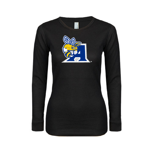 Womens Black Long Sleeve V Neck Tee  - A Logo