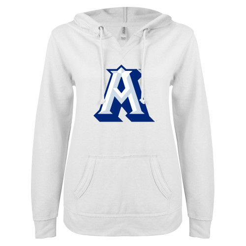  ENZA Womens White V Notch Raw Edge Fleece Hoodie - Albertus Magnus A