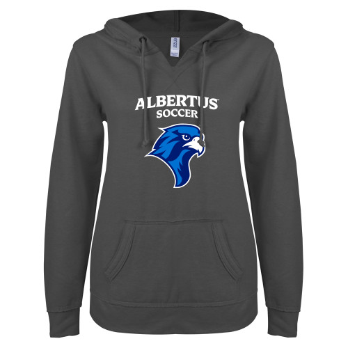  ENZA Womens Dark Heather V Notch Raw Edge Fleece Hoodie - Albertus Magnus Soccer