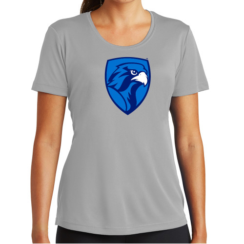  Womens Grey Performance Short Sleeve Tee - Albertus Magnus Falcon Shield