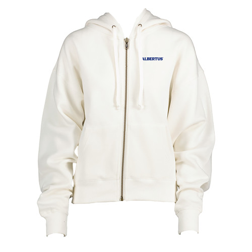  ENZA Womens White Boxy Full Zip Hood - Albertus Magnus Wordmark