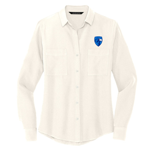  Mercer + Mettle Womens Ivory Crepe Long Sleeve Camp Blouse - Albertus Magnus Falcon Shield