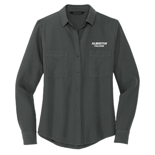  Mercer + Mettle Womens Grey Crepe Long Sleeve Camp Blouse - Albertus Magnus Falcons Wordmark