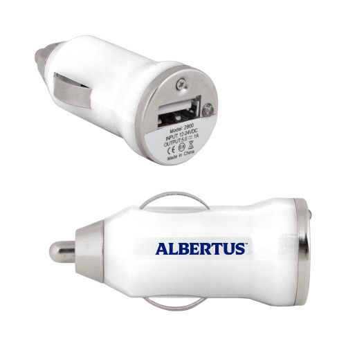  On the Go White Car Charger - Albertus Magnus Wordmark