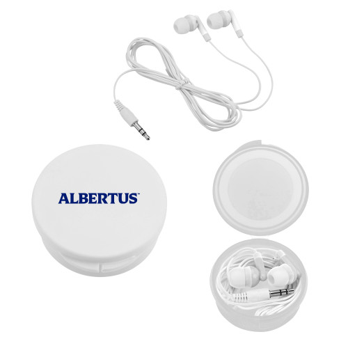  Ear Buds in White Case - Albertus Magnus Wordmark