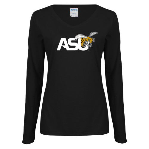  Womens Black Long Sleeve V Neck Tee  - Official Logo