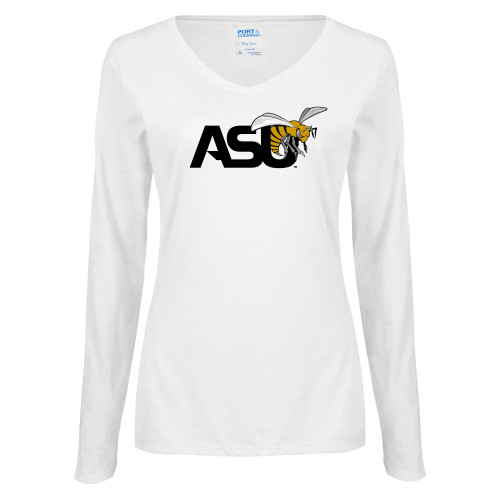  Womens White Long Sleeve V Neck Tee - Official Logo