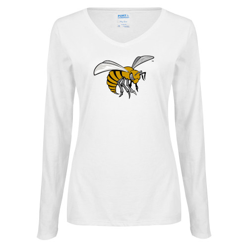  Womens White Long Sleeve V Neck Tee - Hornet