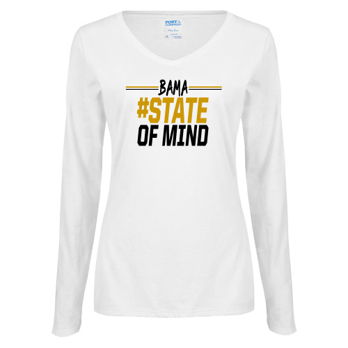  Womens White Long Sleeve V Neck Tee - Bama State of Mind
