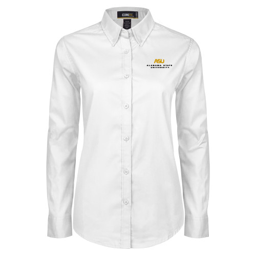  Womens White Twill Button Down Long Sleeve - ASU Alabama State University