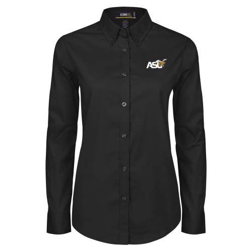  Womens Black Twill Button Down Long Sleeve  - Official Logo