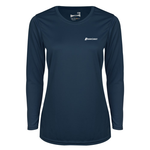 Womens Navy Performance Long Sleeve V Neck Shirt-AmeriCredit