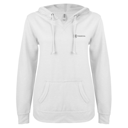 ENZA Womens White V Notch Raw Edge Fleece Hoodie-GM Financial Horizontal