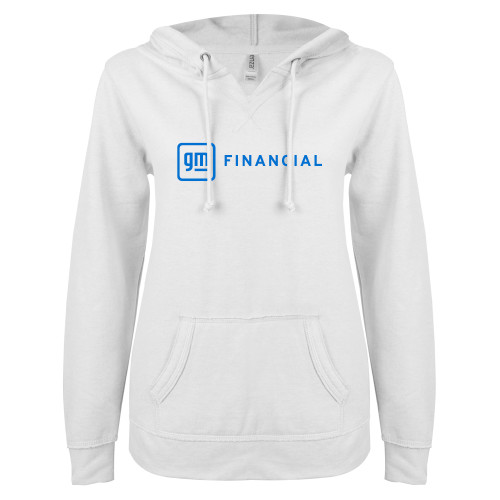 ENZA Womens White V Notch Raw Edge Fleece Hoodie-GM Financial Horizontal