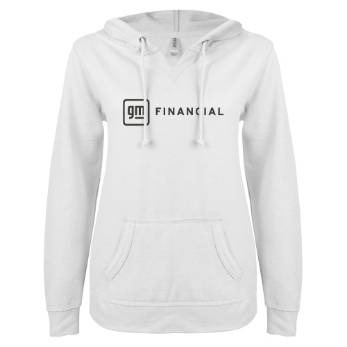 ENZA Womens White V Notch Raw Edge Fleece Hoodie-GM Financial Horizontal
