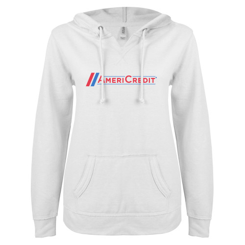 ENZA Womens White V Notch Raw Edge Fleece Hoodie-AmeriCredit