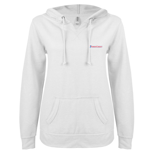 ENZA Womens White V Notch Raw Edge Fleece Hoodie-AmeriCredit