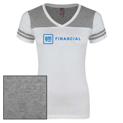 Womens White/Heather Grey Varsity V Neck Tee -GM Financial Horizontal