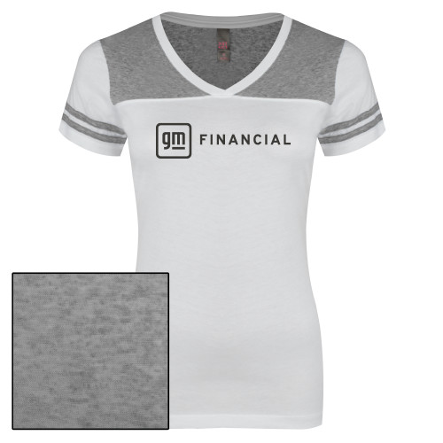 Womens White/Heather Grey Varsity V Neck Tee -GM Financial Horizontal