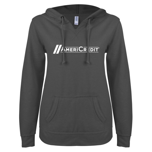 ENZA Womens Dark Heather V Notch Raw Edge Fleece Hoodie-AmeriCredit