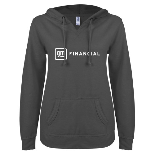 ENZA Womens Dark Heather V Notch Raw Edge Fleece Hoodie-GM Financial Horizontal