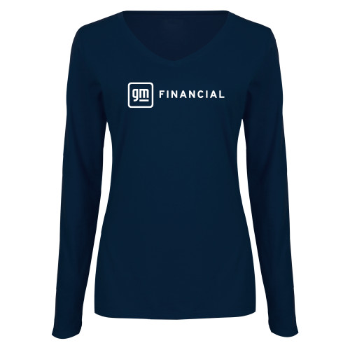 Womens Navy Long Sleeve V Neck Tee-GM Financial Horizontal