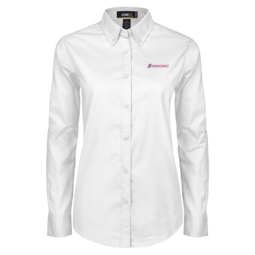 Womens White Twill Button Down Long Sleeve-AmeriCredit